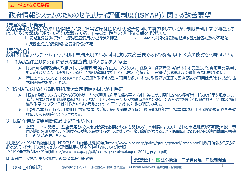 2024年5月20日 提出先：日本IT団体連盟「政府情報システムのためのセキュリティ評価制度(ISMAP)に関する改善要望」