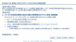 自治体DX推進の試行施策を示す資料スライド。背景と要望内容を要約した項目が並ぶ。