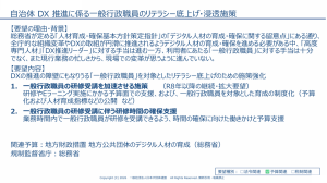 202604IT連盟_自治体DX推進に係る一般行政職員のリテラシー底上げ浸透施策 - 一般社団法人 オープンガバメント・コンソーシアム 日本語の文書スライド。自治体のDX推進と一般行政職員のリテラシー底上げ施策が記され、要望の理由・背景・要望内容、2つの具体策(研修の加速と研修時間の確保支援)が列挙されている。